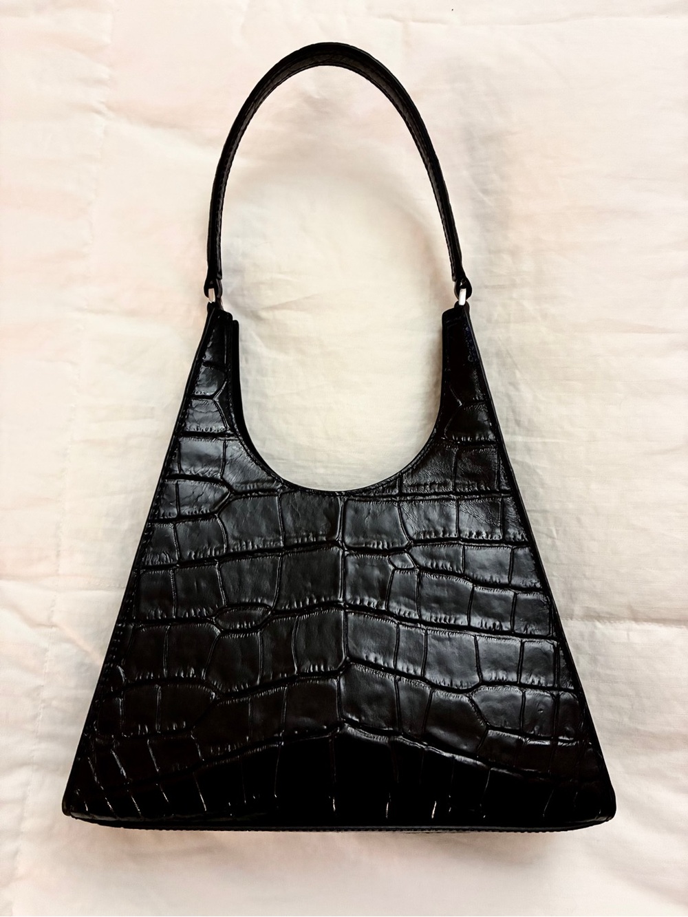 STAUD REY Leather Black Croc-Embossed Pyramid Shoulder Bag